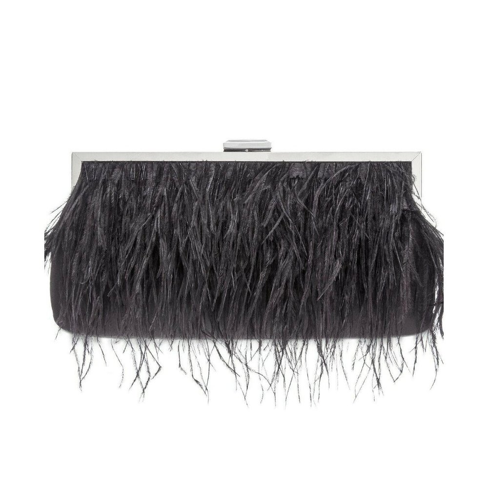 INC Carolyn Black Clutch Feather Pouch Handbag